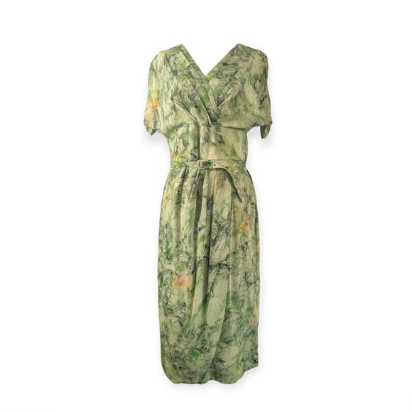 Vintage 30s - 40s Marbled Green Silk Dress with matching belt - Picture 7 of 10